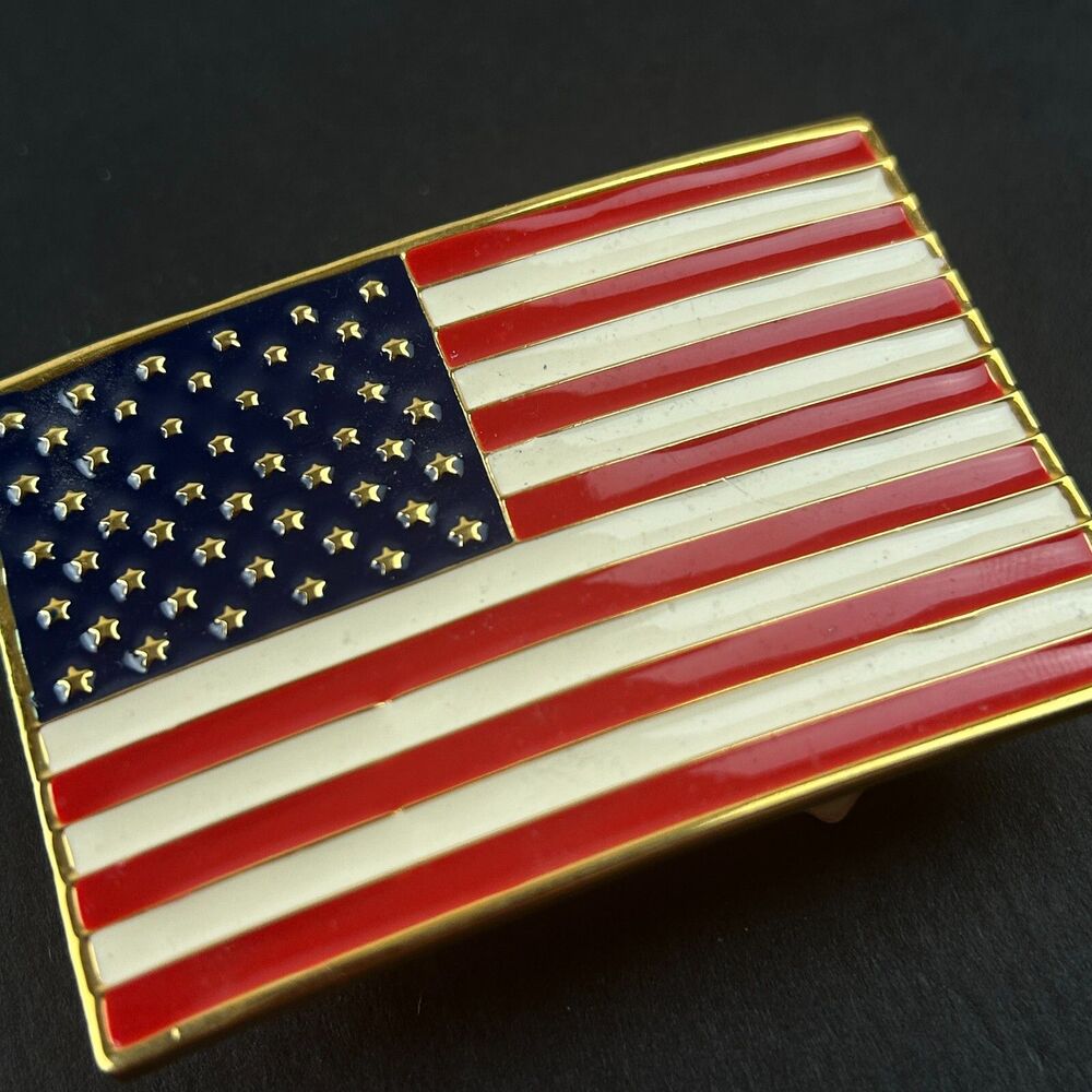 Vintage Dotty Smith Goldtone American Flag Enameled Belt Buckle 2.5" x  1.75" - Picture 2 of 13